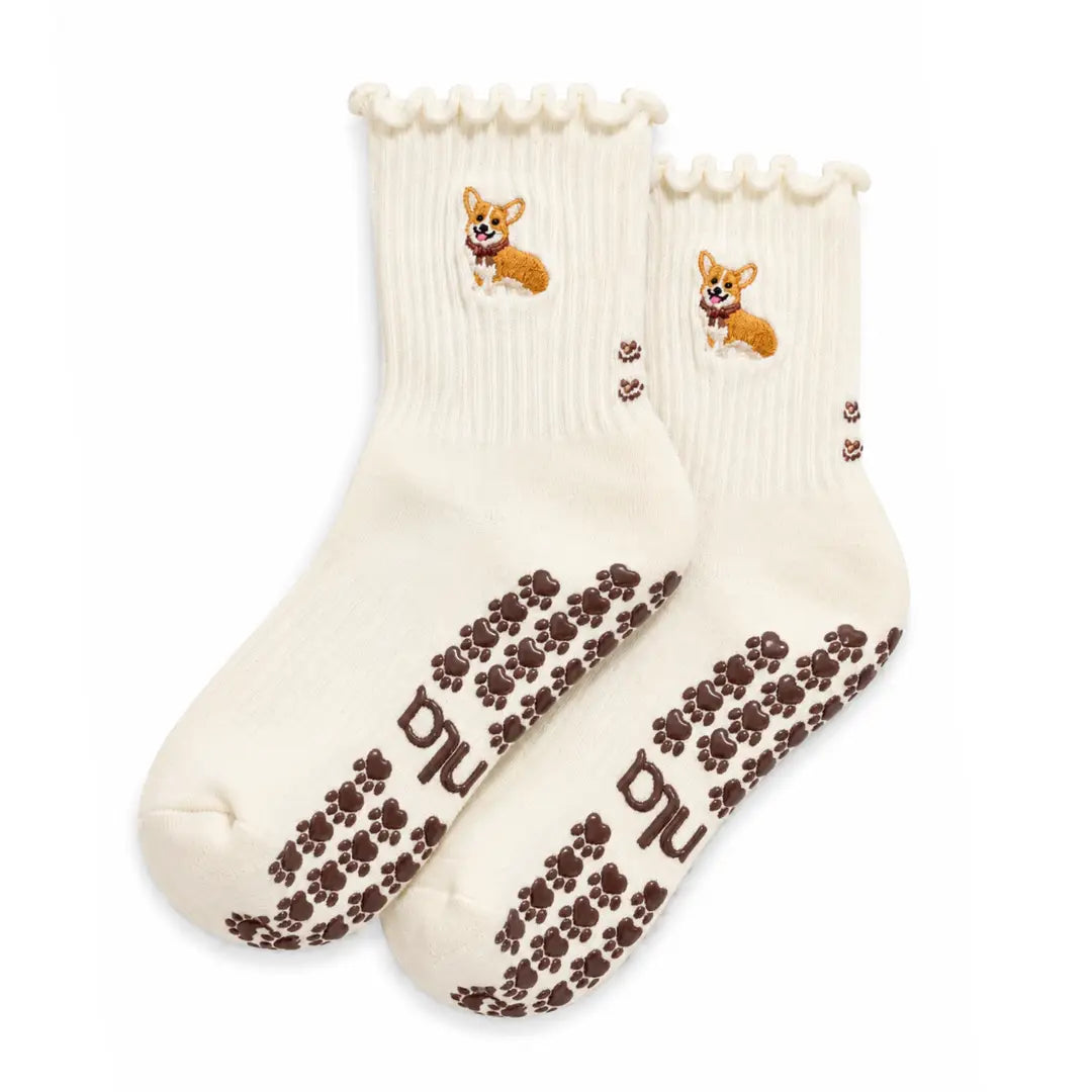 Corgi Embroidered Grip Socks