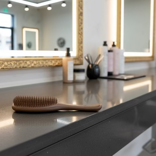 A brown detangling brush with a comfortable grip and a brand logo printed on the handle.