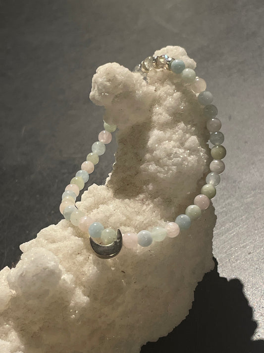 Morganite Beaded Bracelet | Sterling Silver Moon