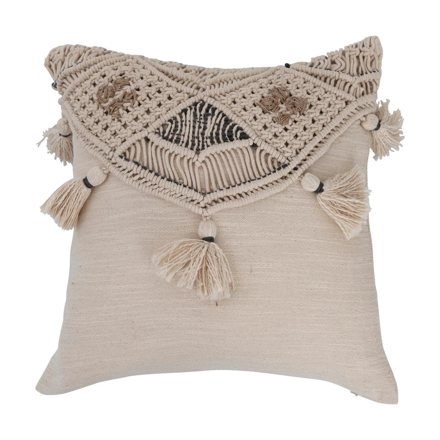 Square Cotton  Jute Pillow | Macrame & Tassels