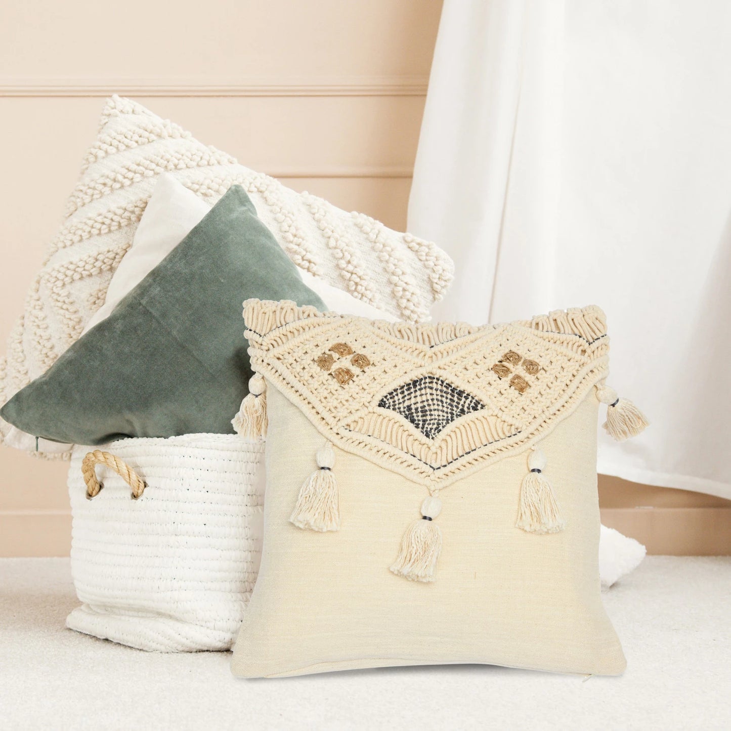 Square Cotton  Jute Pillow | Macrame & Tassels