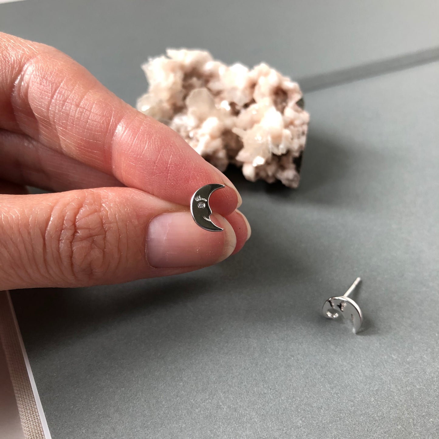 Crescent Moon Face Stud Earrings | Sterling Silver