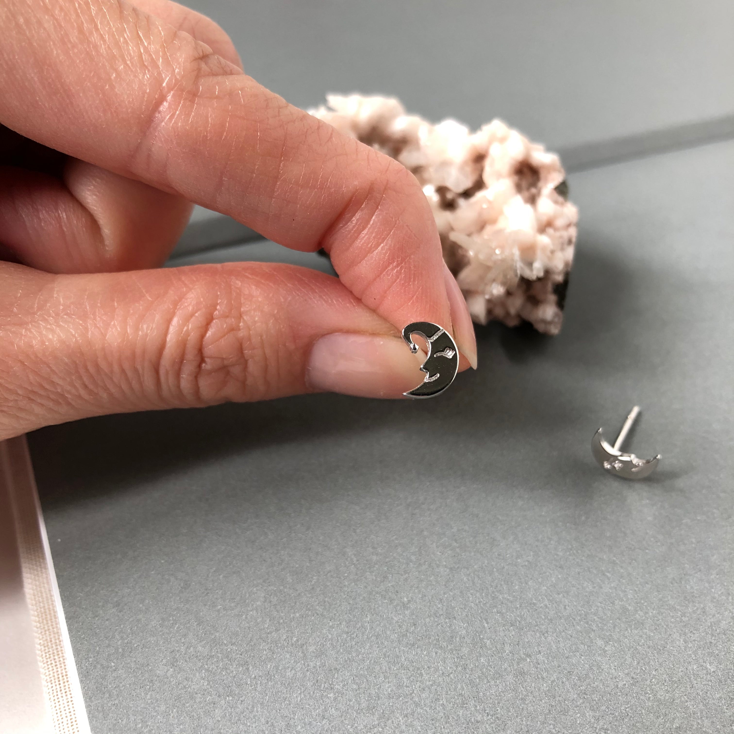 Crescent Moon Face Stud Earrings | Sterling Silver