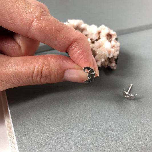 Crescent Moon Face Stud Earrings | Sterling Silver